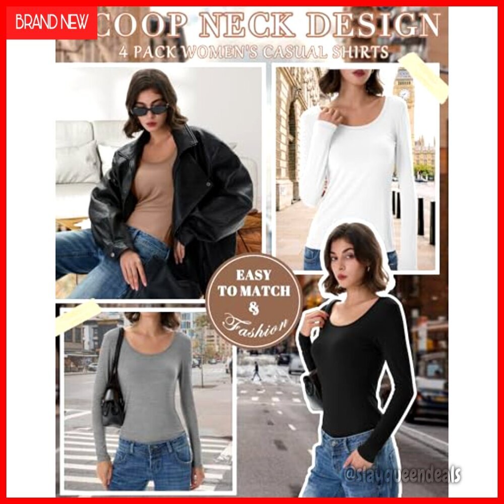 4 Pack Slim Fit Long Sleeve Scoop Neck T-Shirts Stretchy Layering Tops - Picture 3 of 7